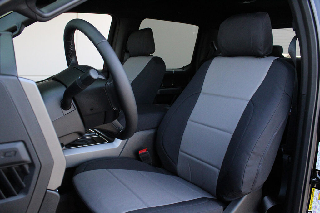 2018 Ford F-150 front seat covers in Charcoal and Black Dura EZ-Care canvas