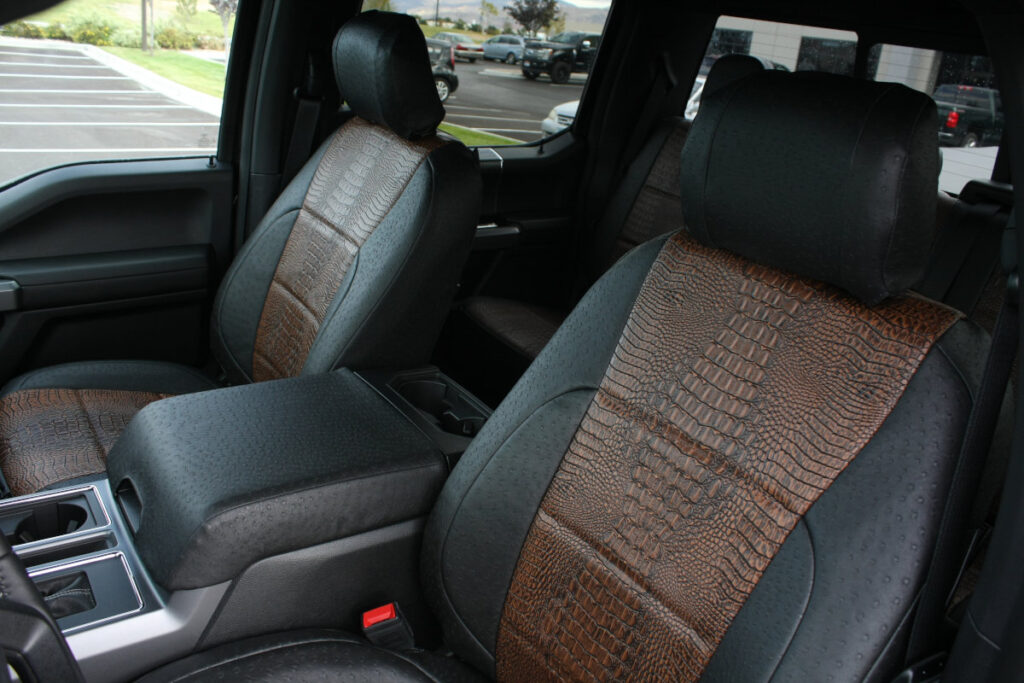 2019 Ford F-150 front seat covers in Java Croc and Black Ostrich simulated leather