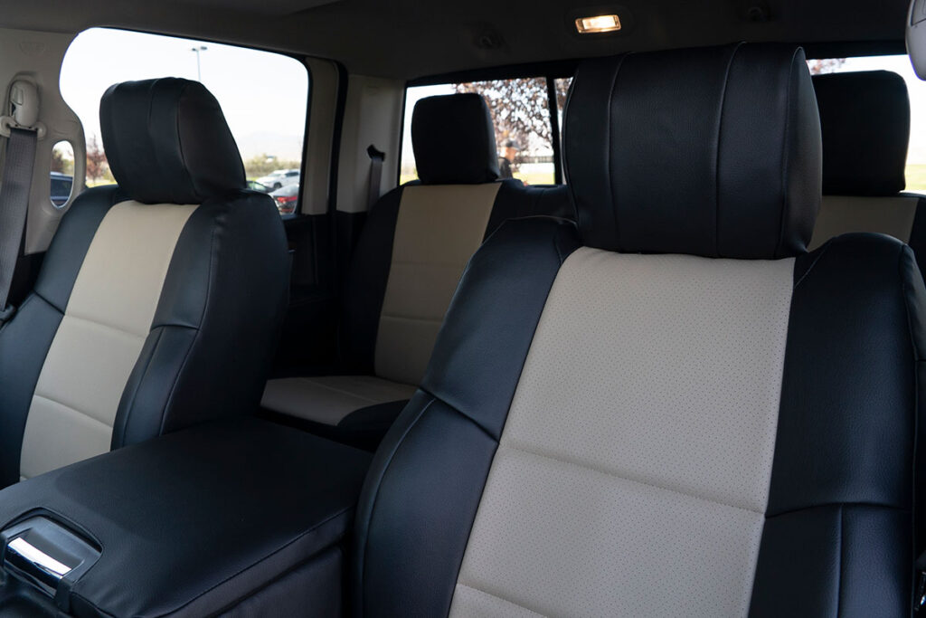 2019 RAM 1500 Laramie Classic seat covers in Sandstone Perf Sof-Touch and Black Sof-Touch