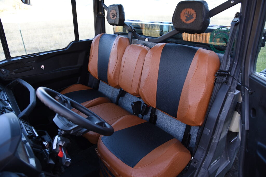 2023 Can-Am Defender front bench UTV exotic seat covers with Black Ostrich inserts and Saddle Ostrich trim