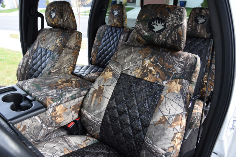 2011 Ford F-350 front seat covers with Ebony Croc Diamond inserts and Realtree Xtra camouflage trim