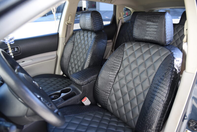2013 Nissan Rogue front Alligator Seat Covers with Charcoal Sof-Touch Diamond inserts and Midnight Croc trim