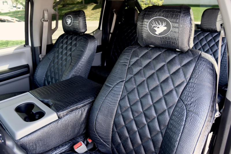 2018 Ford F-150 front seat covers with Black Ostrich Diamond inserts and Midnight Croc trim