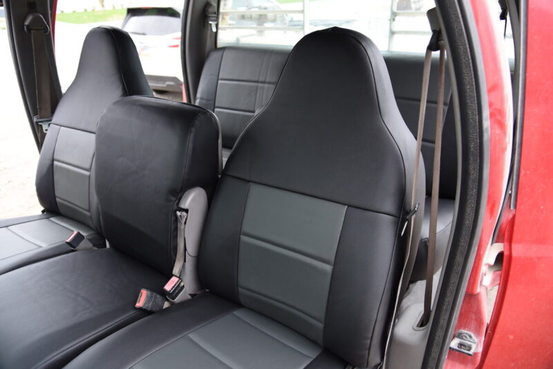 2001 Ford F-550 front leatherette seat covers with Charcoal Sof-Touch inserts and Black Sof-Touch trim