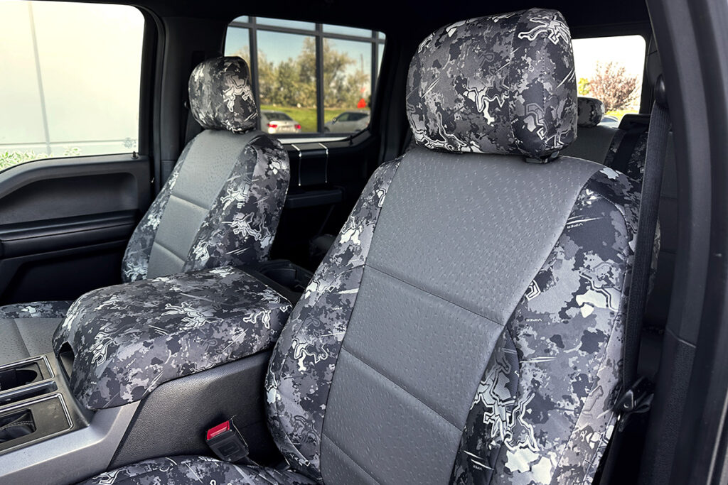 2018 Ford F-150 front seat covers with Medium Gray Ostrich inserts and TrueTimber Urban camouflage trim
