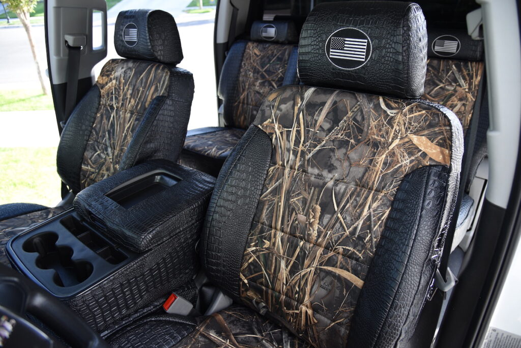 2019 GMC Sierra 3500 seat covers in Realtree Max-7 camo and Midnight Croc trim
