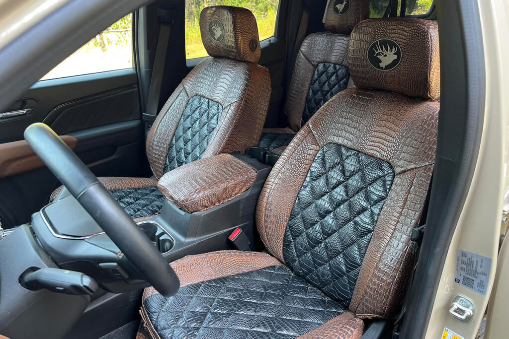 2024 GMC Canyon front Alligator seat covers with Midnight Croc Diamond inserts and Java Croc trim