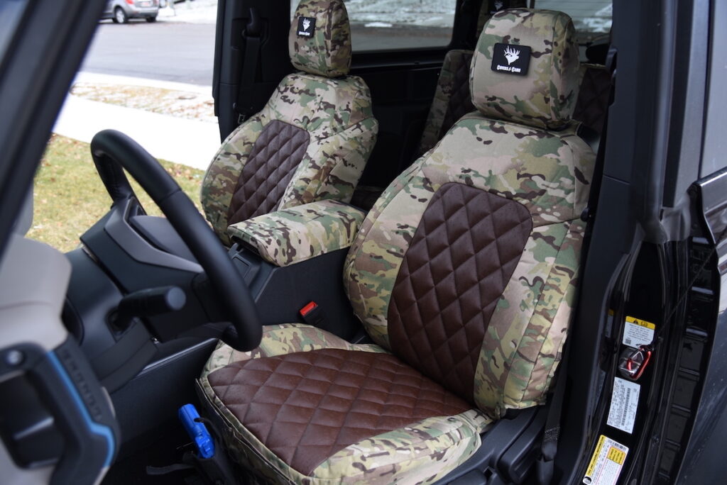 2023 Ford Bronco front seat covers in Brown Ostrich Diamond with MultiCam Original camouflage