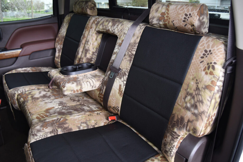2017 Chevy Silverado 3500 rear Kryptek seat covers with Black Perforated Sof-Touch inserts and Kryptek Highlander trim