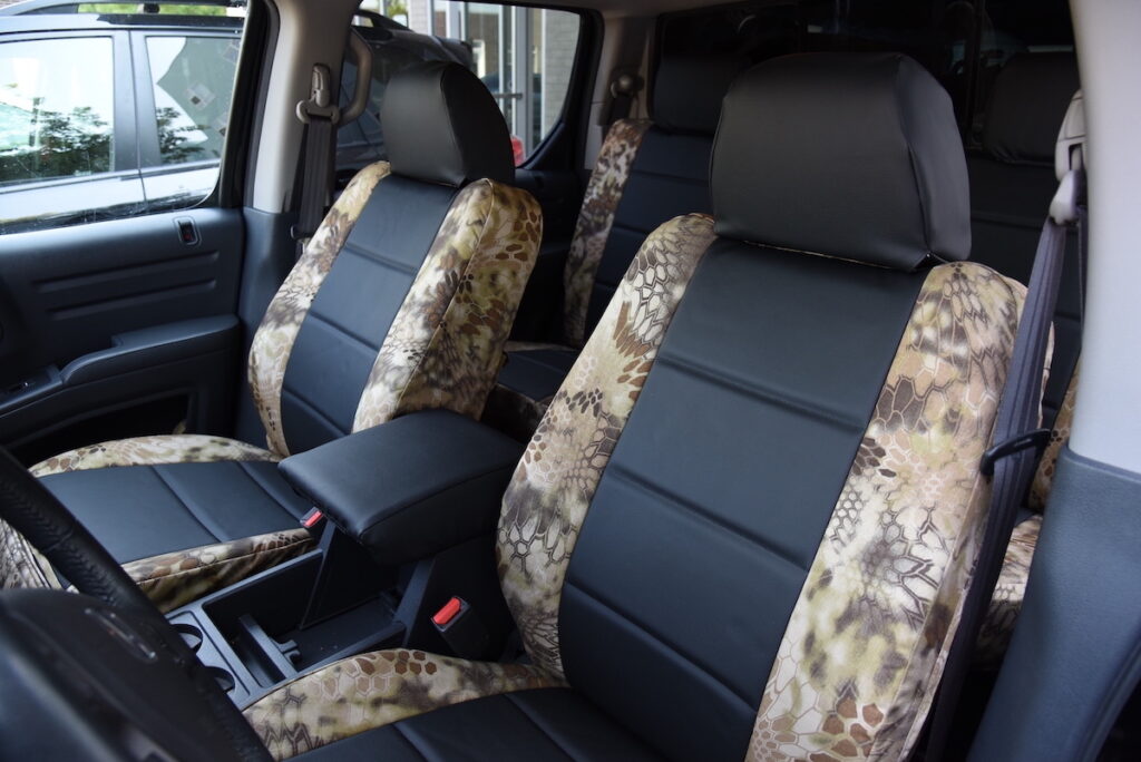2013 Honda Ridgeline front bucket seat covers with Black Sof-Touch inserts and Kryptek Highlander trim