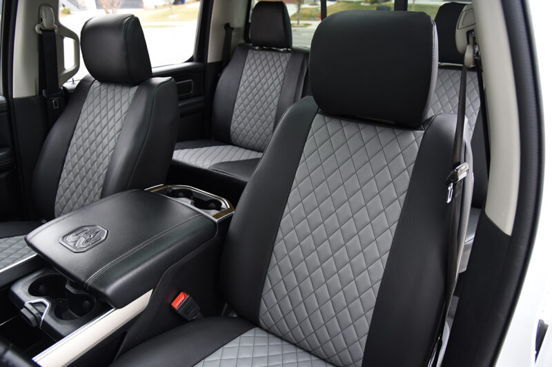 2022 RAM 1500 seat covers in Light Gray Diamond / Black / Black Stitch