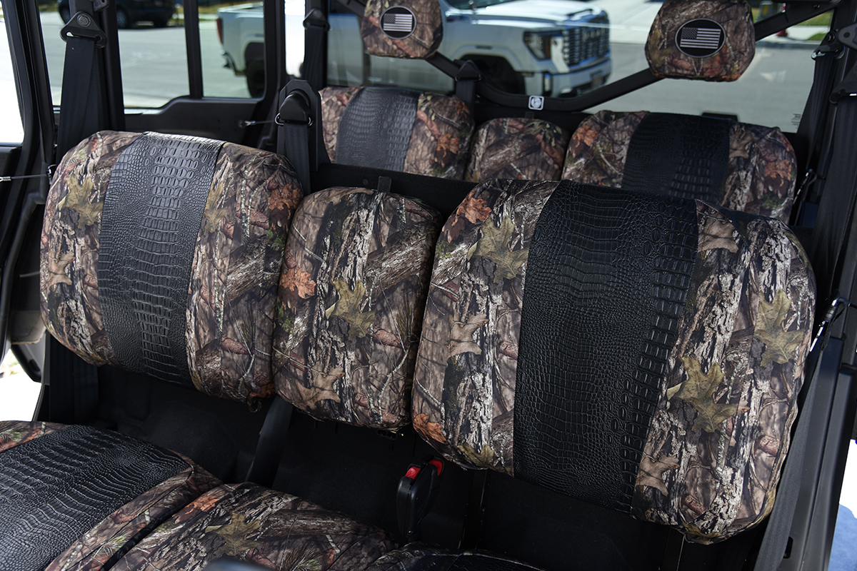 2026 Can-Am Defender front UTV Exotic seat covers with Midnight Croc inserts and Mossy Oak NB Country trim