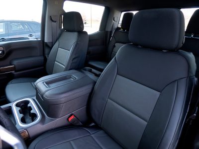 2021 GMC Sierra 1500 | Charcoal Sof-Touch | Black Sof-Touch 2021 GMC Sierra 1500 front Leatherette seat covers with Charcoal Sof-Touch inserts and Black Sof-Touch trim