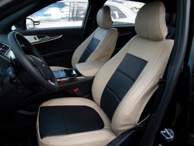 2017 Lincoln MKX front exotic seat covers with Black Ostrich inserts and Sandstone Ostrich trim