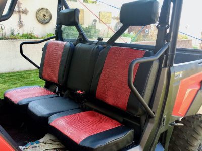 2020 Textron Tracker front UTV Exotic seat covers with Flame Croc inserts and Black Ostrich trim
