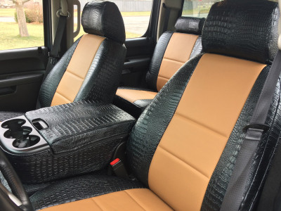<b>
2014 GMC Sierra 3500
</b>
<br>
Insert: Caramel Sof-Touch S02 (Sim. Leather)
</br>Trim: Midnight Croc E43 (Sim. Leather)
<br> Product: Sim. Leather - Gold Series </br> | Covers and Camo