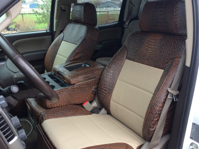 <b>
2015 Chevy Silverado 2500
</b>
<br>
Insert: Sandstone Sof-Touch S35 (Sim. Leather)
</br>Trim: Java Croc E42 (Sim. Leather)
<br>Product: Exotic - Gold Series</br> | Covers and Camo