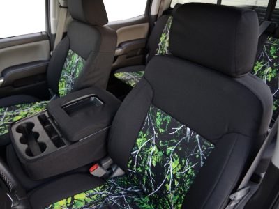 2015 GMC Sierra 2500 front seat covers with Sirphis Toxic camouflage inserts and Black Dura EZ-Care trim