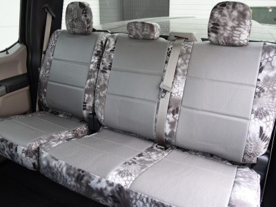 2017 Ford F-150 rear seat covers in Medium Gray Ostrich and Kryptek Raid camouflage