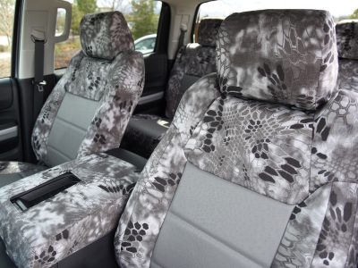 2017 Toyota Tundra front seat covers with Med. Gray Ostrich inserts and Kryptek Raid trim