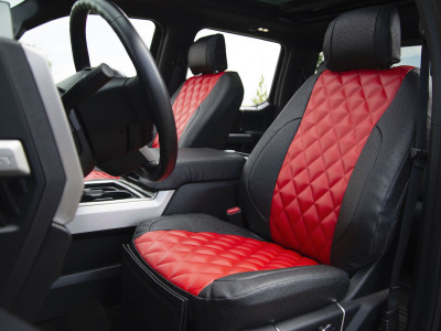 <b>
2018 Ford F-350
</b>
<br>Insert: Red Carbon Fiber F11 Diamond (Sim. Leather)
</br>Trim: Black Ostrich E01 (Sim. Leather)
<br>Product: Sim. Leather - Gold Series</br> Ford F-350 Seat Covers