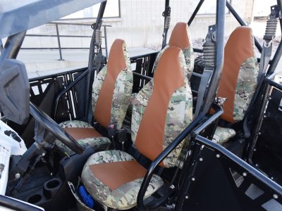 2012 Polaris RZR front UTV camo seat covers with Saddle Ostrich simulated leather inserts and MultiCam Original canvas trim
