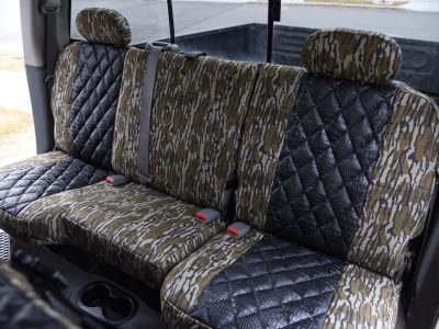 2009 RAM 2500 | Midnight Croc Diamond Stitch | Mossy Oak Bottomland 2009 RAM 2500 seat covers in Midnight Croc Diamond Stitch and Mossy Oak Bottomland camouflage