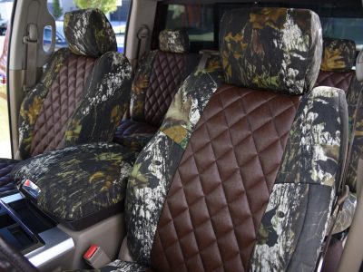 2010 RAM 1500 | Brown Ostrich Diamond | Mossy Oak New Break-Up 2010 RAM 1500 seat covers in Brown Ostrich Diamond and Mossy Oak New Break-Up camouflage