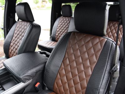 2022 RAM 2500 | Brown Ostrich Diamond | Black Ostrich 2022 RAM 2500 seat covers in Brown Ostrich Diamond and Black Ostrich material