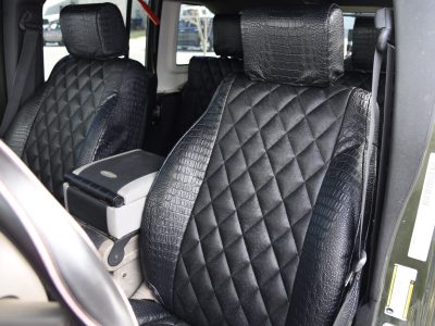 2008 Jeep Wrangler | Black Ostrich Diamond | Midnight Croc 2008 Jeep Wrangler front Alligator seat covers with Black Ostrich Diamond inserts and Midnight Croc trim