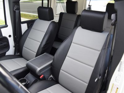 2010 Jeep Wrangler | Medium Gray Sof-Touch | Black Sof-Touch 2010 Jeep Wrangler front Leatherette seat covers with Medium Gray Sof-Touch inserts and Black Sof-Touch trim