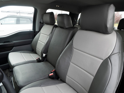 <b>
2021 Ford F-150
</b>
<br>
Insert: Medium Gray Sof-Touch S14 (Sim. Leather)
</br>Trim: Charcoal Sof-Touch S26 (Sim. Leather)
</br>Product: Sim. Leather - Gold Series leather seat covers for trucks