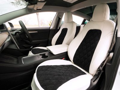 2021 Tesla Model 3 | Black Suede Diamond | White Ostrich 2021 Tesla Model 3 front Ostrich seat covers with Black Suede Diamond inserts and White Ostrich trim