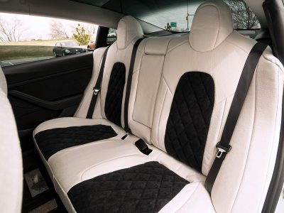 2021 Tesla Model 3 | Black Suede Diamond | White Ostrich 2021 Tesla Model 3 front Ostrich seat covers with Black Suede Diamond inserts and White Ostrich trim