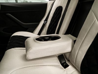 2021 Tesla Model 3 | Black Suede Diamond | White Ostrich 2021 Tesla Model 3 front Ostrich seat covers with Black Suede Diamond inserts and White Ostrich trim