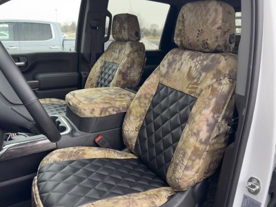2023 Chevy Silverado 1500 | Black Sof-Touch Diamond | Kryptek Highlander 2023 Chevy Silverado 1500 front Kryptek Highlander seat covers with Black Sof-Touch Diamond inserts
