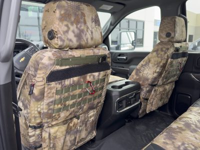 2023 Chevy Silverado 1500 | Black Sof-Touch Diamond | Kryptek Highlander 2023 Chevy Silverado 1500 Kryptek Highlander seat back with MOLLE storage panel and Black Sof-Touch Diamond inserts