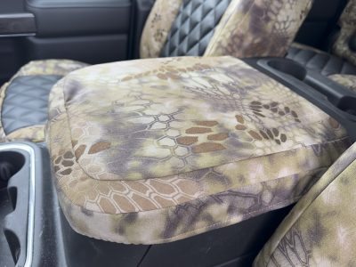 2023 Chevy Silverado 1500 | Black Sof-Touch Diamond | Kryptek Highlander 2023 Chevy Silverado 1500 center console cover with Kryptek Highlander fabric and Black Sof-Touch Diamond seat covers
