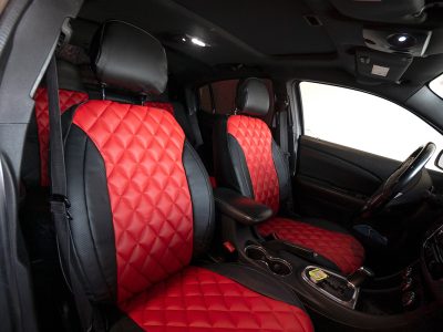 2011 Chrysler 200 Series front leatherette seat covers with Red Carbon Fiber diamond stitched inserts and Black Carbon Fiber trim