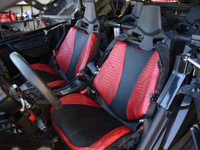 2019 Can-Am Maverick X3 | Black Ostrich | Flame Croc 2019 Can-Am Maverick X3 front UTV exotic seat covers with Black Ostrich inserts and Flame Croc trim