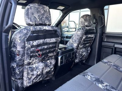 2018 Ford F-150 rear seat covers with Medium Gray Ostrich inserts and TrueTimber Urban camouflage trim
