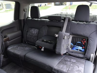 2021 Chevy Silverado 1500 rear Kryptek Typhon seat covers with Black Dura EZ-Care trim and storage pocket