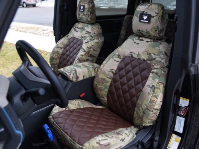 2023 Ford Bronco front seat covers in Brown Ostrich Diamond with MultiCam Original camouflage