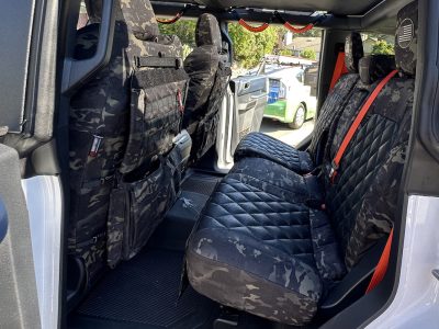 2023 Ford Bronco Raptor front seat covers in Black Ostrich Diamond with MultiCam Black camouflage
