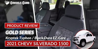 2021 Chevy Silverado 1500 | Kryptek Typhon | Black HD1000 2021 Chevy Silverado 1500 front seat covers with Kryptek Typhon inserts and Black HD1000 trim