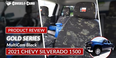 2021 Chevy Silverado 1500 | MultiCam Black 2021 Chevy Silverado 1500 front seat covers in MultiCam Black camouflage