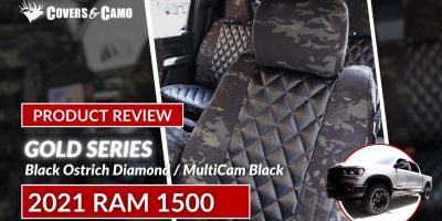 2021 RAM 1500 | Black Ostrich Diamond | MultiCam Black 2021 RAM 1500 seat covers in Black Ostrich Diamond and MultiCam Black