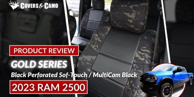 2023 RAM 2500 | Black Perforated Soft-Touch | MultiCam Black 2023 RAM 2500 seat covers in Black Perforated Soft-Touch and MultiCam Black camouflage