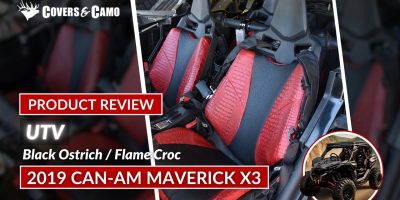 2019 Can-Am Maverick X3 | Black Ostrich | Flame Croc 2019 Can-Am Maverick X3 front UTV Exotic Seat Covers with Black Ostrich inserts and Flame Croc trim