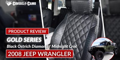 2008 Jeep Wrangler | Black Ostrich Diamond | Midnight Croc 2008 Jeep Wrangler Alligator seat covers review video with Black Ostrich Diamond inserts and Midnight Croc trim